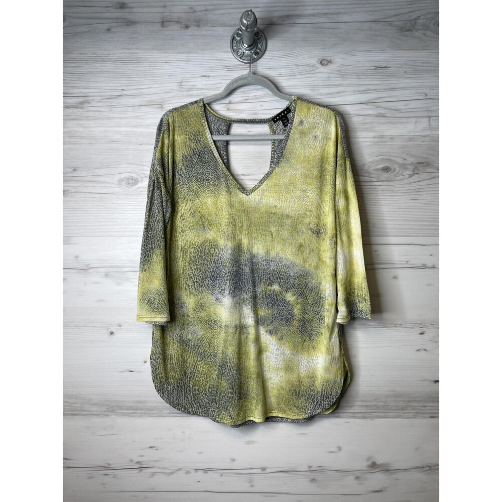 Tribal Shirt Womens Large‎ Yellow Gray Abstract Print 3/4 Sleeve Pullover Top